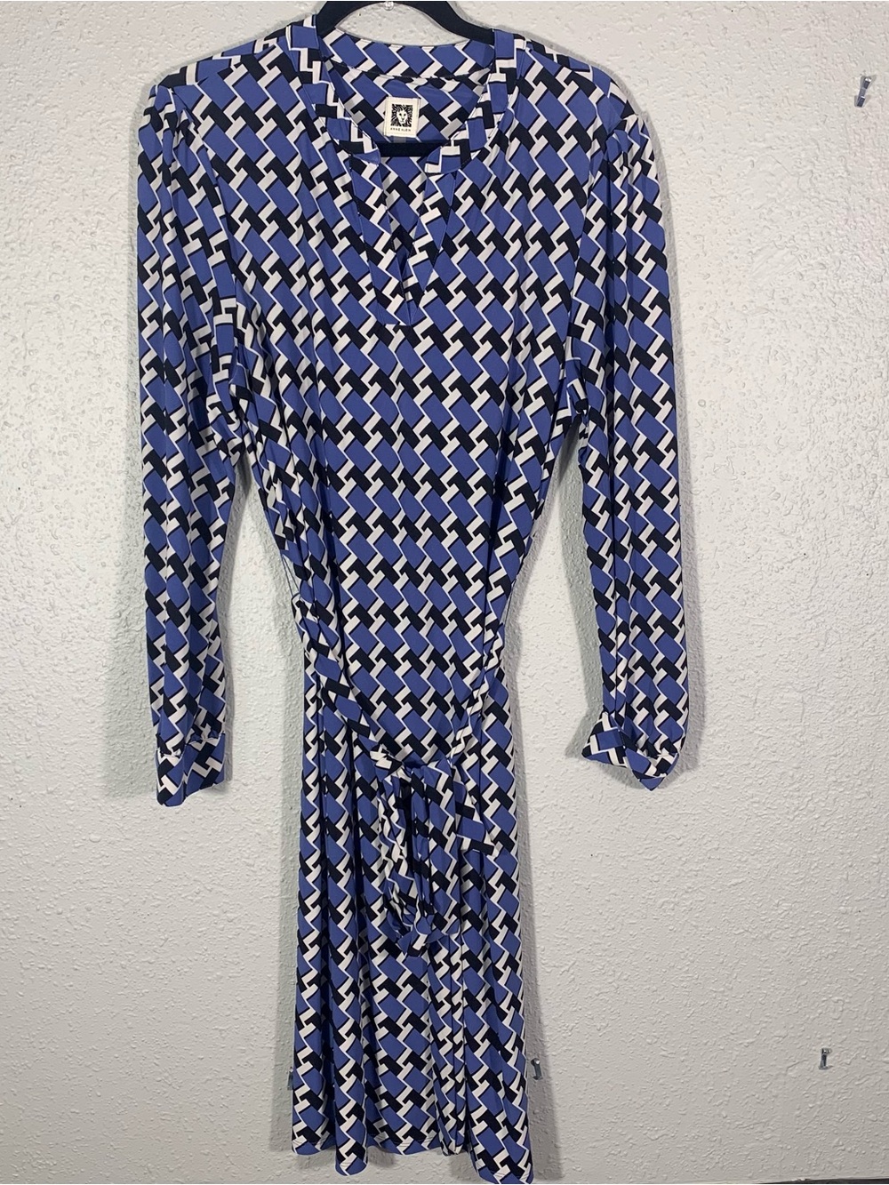 Ann Klein Long Sleeve Stretch Knit Blue, Black, White Geometric Print Dress sz L